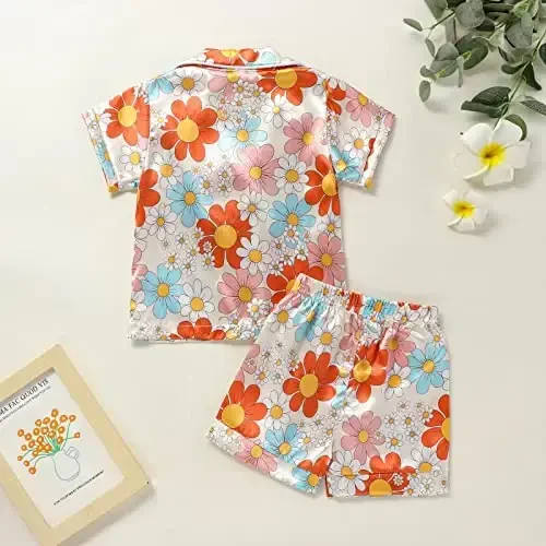 Kids Baby Girl Boy Satin Pajamas Set Short sleeve Button Down Shirt And Shorts Pjs Summer Sleepwear Nightwear - 3