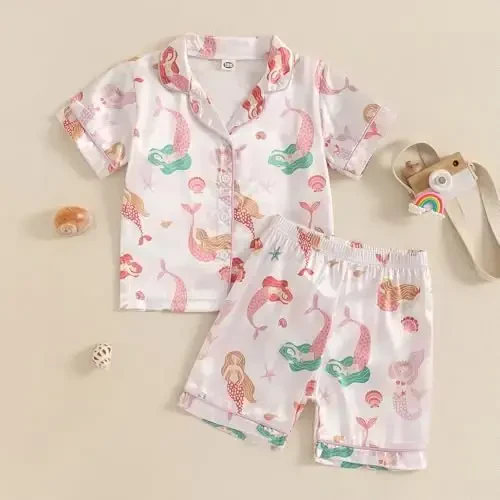 Kids Baby Girl Boy Satin Pajamas Set Short sleeve Button Down Shirt And Shorts Pjs Summer Sleepwear Nightwear - 2