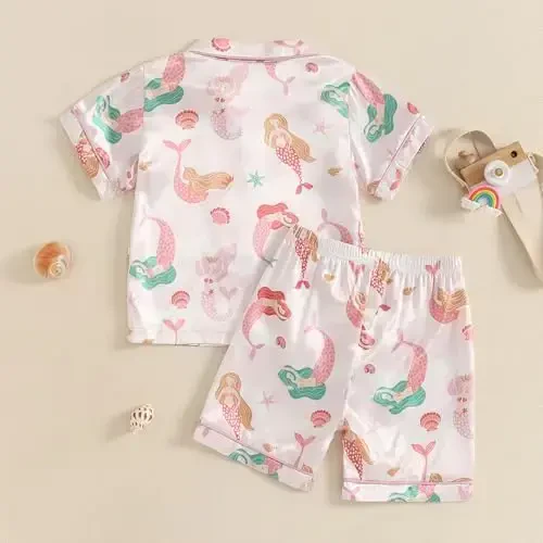 Kids Baby Girl Boy Satin Pajamas Set Short sleeve Button Down Shirt And Shorts Pjs Summer Sleepwear Nightwear - 3