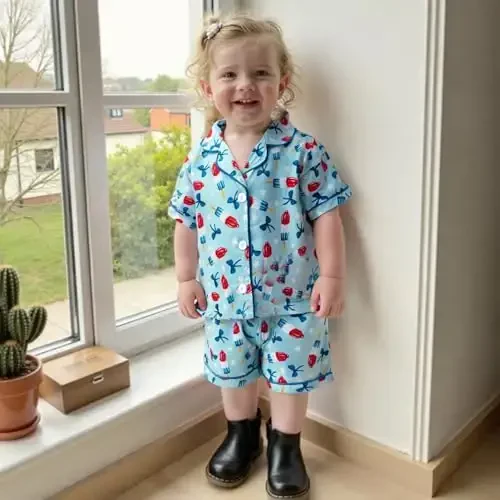 Kids Baby Girl Boy Satin Pajamas Set Short sleeve Button Down Shirt And Shorts Pjs Summer Sleepwear Nightwear - 4