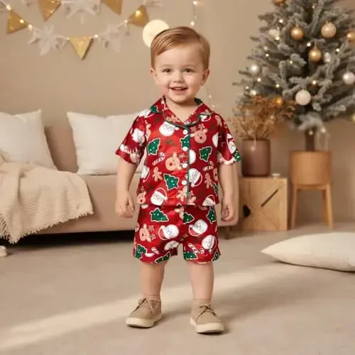 Kids Baby Girl Boy Satin Pajamas Set Short sleeve Button Down Shirt And Shorts Pjs Summer Sleepwear Nightwear - 3