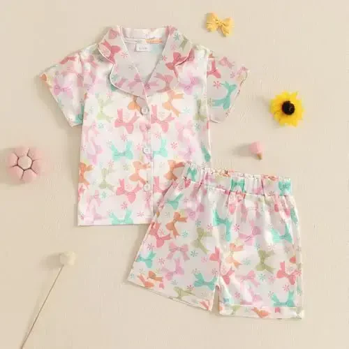 Kids Baby Girl Boy Satin Pajamas Set Short sleeve Button Down Shirt And Shorts Pjs Summer Sleepwear Nightwear - 2