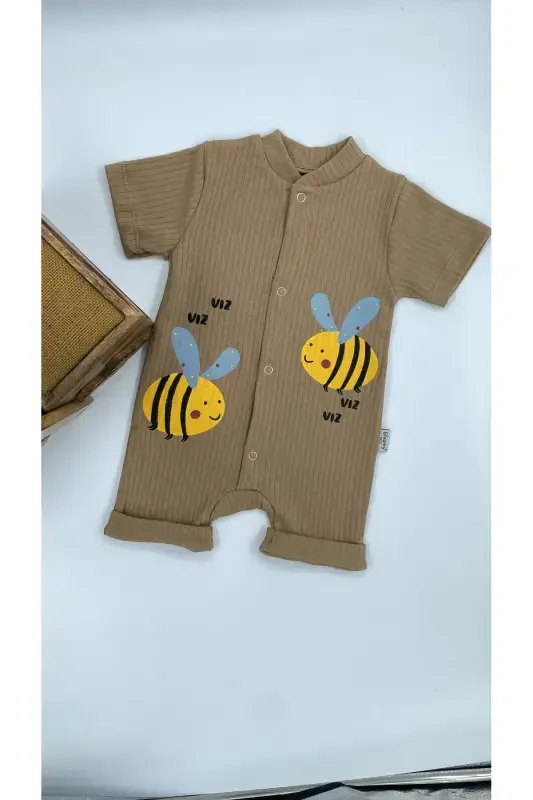 KIDS BEBE ARI DESEN ÇITÇITLI KISA KOLLU ŞORT TULUM(ZIBIN) %100 PAMUK-Kahverengi - 2