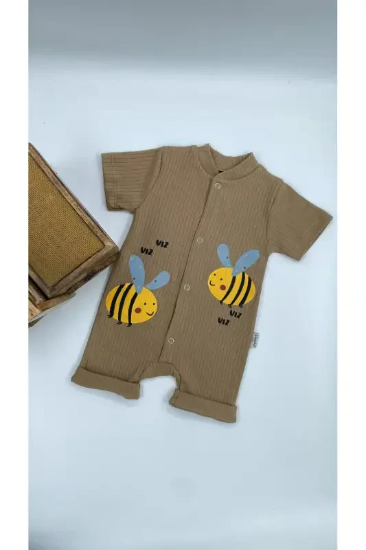 KIDS BEE PATTERN SNAP FASTENER SHORT SLEEVE SHORTS JUMPSUIT (ONESIE) %100 COTTON-Brown - GLEAMY