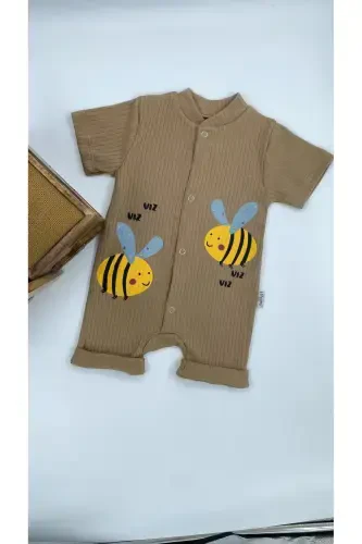 KIDS BEE PATTERN SNAP FASTENER SHORT SLEEVE SHORTS JUMPSUIT (ONESIE) %100 COTTON-Brown - GLEAMY (1)