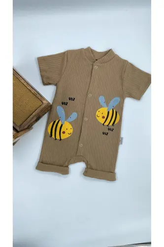 KIDS BEE PATTERN SNAP FASTENER SHORT SLEEVE SHORTS JUMPSUIT (ONESIE) %100 COTTON-Brown - 3