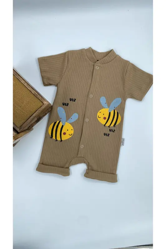 KIDS BEE PATTERN SNAP FASTENER SHORT SLEEVE SHORTS JUMPSUIT (ONESIE) %100 COTTON-Brown - 3