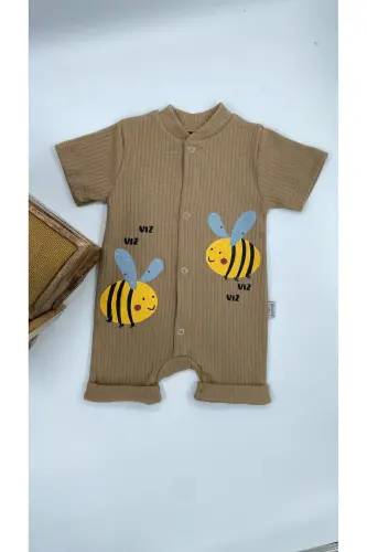 KIDS BEE PATTERN SNAP FASTENER SHORT SLEEVE SHORTS JUMPSUIT (ONESIE) %100 COTTON-Brown - 5