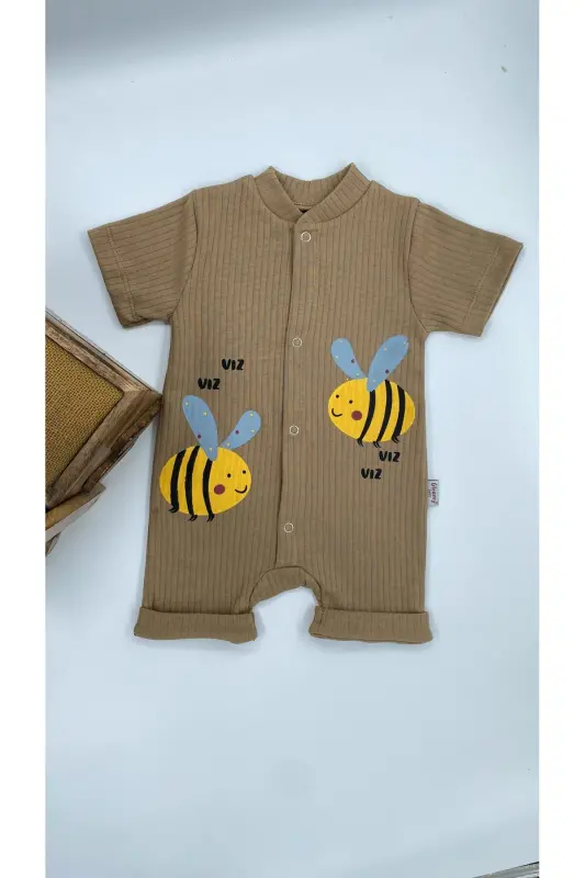 KIDS BEE PATTERN SNAP FASTENER SHORT SLEEVE SHORTS JUMPSUIT (ONESIE) %100 COTTON-Brown - 5