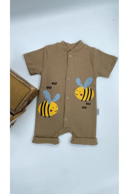 KIDS BEE PATTERN SNAP FASTENER SHORT SLEEVE SHORTS JUMPSUIT (ONESIE) %100 COTTON-Brown - 6