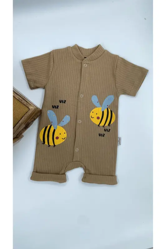 KIDS BEE PATTERN SNAP FASTENER SHORT SLEEVE SHORTS JUMPSUIT (ONESIE) %100 COTTON-Brown - 7