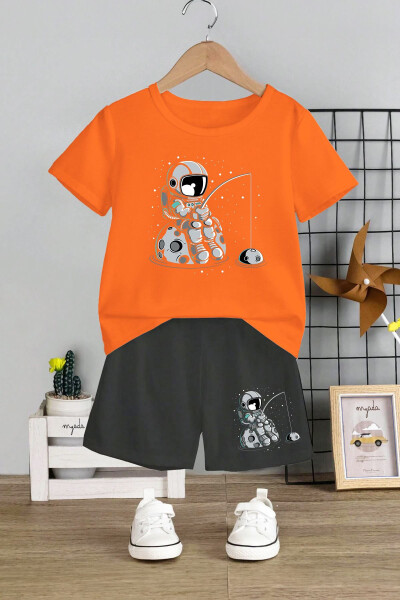 Kids Bicycle Collar Elastic Shorts Fish Catching Astronaut Printed 2-Piece Set 