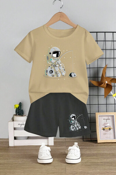 Kids Bicycle Collar Elastic Shorts Fishing Astronaut Printed 2-Piece Set 12344 