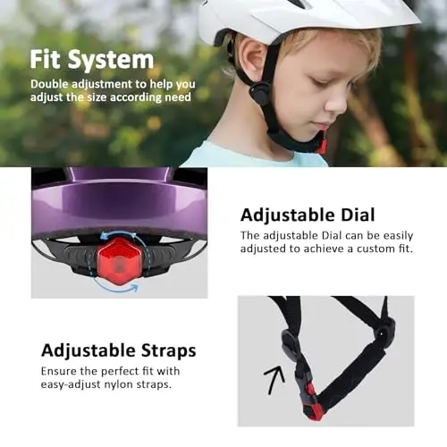 Kids Bike Helmet, Toddler Youth Helmet for Boys Girls, Ages 3-5, 5-8, 8-12 | Certified Multi-Sport Bicycle Scooter Skate Helmet with LED Light & Visor, Adjustable Lightweight Ventilated for Child Teen - 3