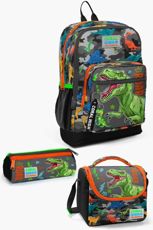 Kids Black Grey Dinosaur Patterned 3-Piece School Bag Set SET0123744-Grey Green - 1