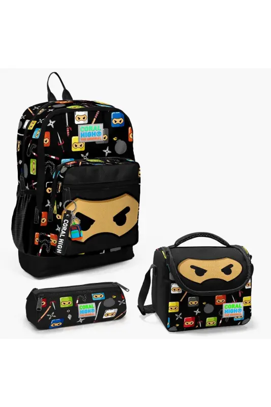 Kids Black Ninja Patterned 3-Piece School Bag Set SET0123473-Black Yellow - 1
