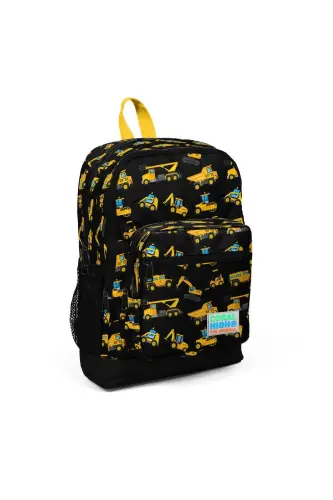 Kids Black Yellow Construction Equipment Patterned 3-Piece School Bag Set SET0123475-Black Yellow Black 