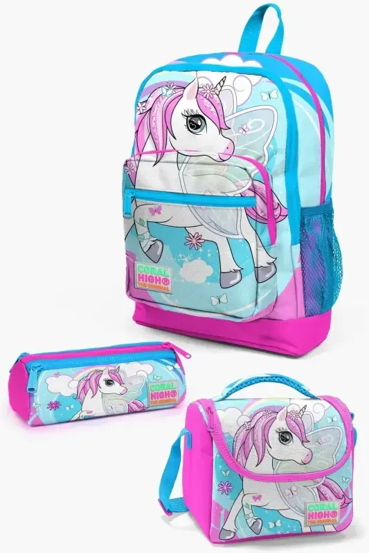 Kids Blue Neon Pink Unicorn Patterned 3-Piece School Bag Set SET0123711-Blue Neon Pink - 1