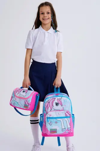 Kids Blue Neon Pink Unicorn Patterned 3-Piece School Bag Set SET0123711-Blue Neon Pink 