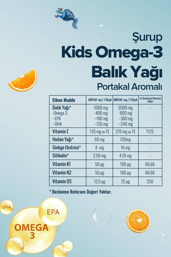 Kids Bolalar uchun - Omega 3 Baliq Yog'i Sharbati Vitaminli va Apelsinli 150 Ml - 6