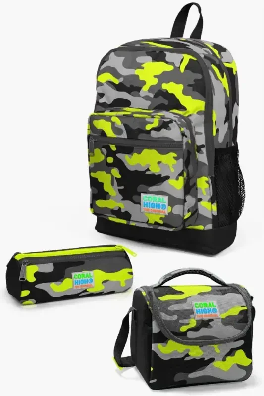 Kids Черный Серый Камуфляжный Узор 3'lü Школьный Набор Сумок SET0123117-Черный Серый Камуфляж - CORAL HIGH