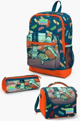 Kids Civit Neon Orange Skateboard Patterned 3-Piece School Bag Set SET0123723-Navy Orange - 1