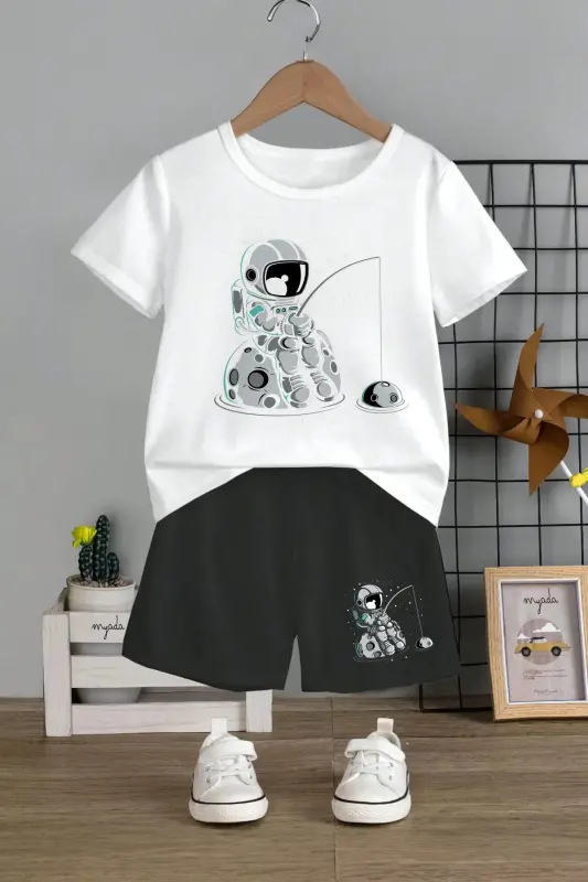 Kids Crew Neck Elasticated Shorts Fishing Astronaut Printed Printed 2-Piece Set 12344 - WHITE - MYADA