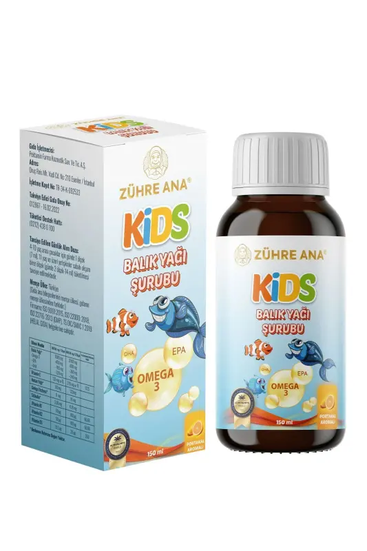 Kids для детей - Омега 3 рыбий жир сироп с витаминами и апельсиновым вкусом 150 мл - ZÜHRE ANA