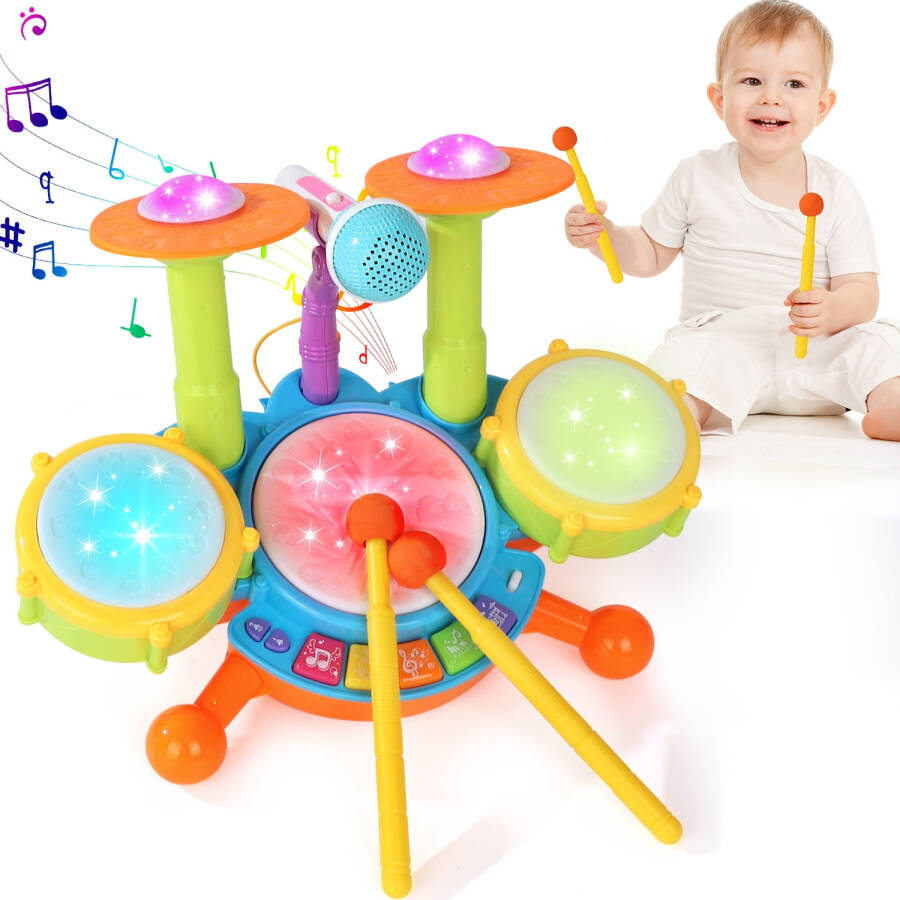 Kids Drum Set, Toddler Toys for Boys Girls, Kids Musical Toys, Drum Set for Kids, with 2 Drumsticks and Microphone, Baby Drums Toys for 1 2 3 Year Old (Green) - 8