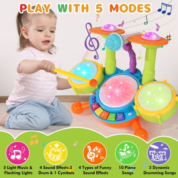 Kids Drum Set, Toddler Toys for Boys Girls, Kids Musical Toys, Drum Set for Kids, with 2 Drumsticks and Microphone, Baby Drums Toys for 1 2 3 Year Old (Green) - 10