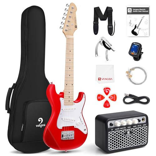 Kids Elektrik Gitar Vangoa 30 İnç Elektrik Gitar Çocuklar için Başlangıç Seti Erkek Kızlar için Amfi, Çanta, Askı, Ek Teller, Kapo, Akort Aleti, Teller, Kablo (Kırmızı) - 1