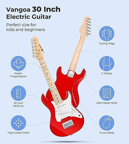 Kids Elektrik Gitar Vangoa 30 İnç Elektrik Gitar Çocuklar için Başlangıç Seti Erkek Kızlar için Amfi, Çanta, Askı, Ek Teller, Kapo, Akort Aleti, Teller, Kablo (Kırmızı) - 3