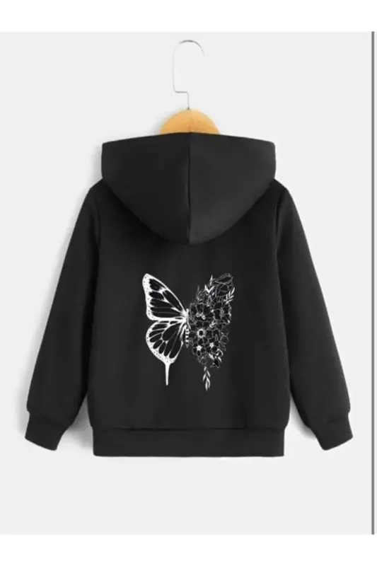 Kids Floral Butterfly Printed Black Zippered Cardigan-black1 - 1