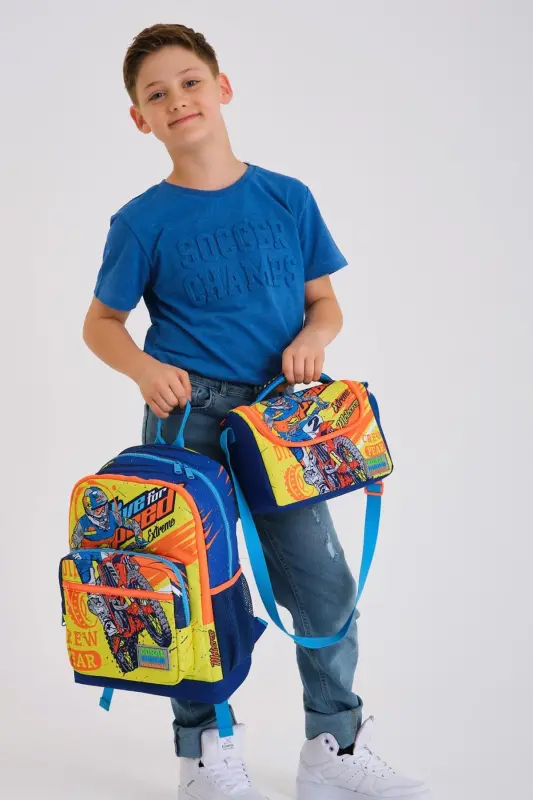 Kids Fluorescent Yellow Saks Motorcycle Patterned 3-Piece School Bag Set-Fluorescent Yellow Saks - 2