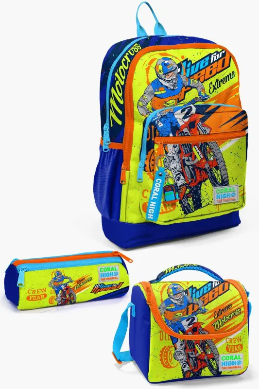 Kids Fosforli Sari Saks Mototsikl Desenli 3’lü Maktab Sumkasi Komplekti-Fosforli Sari Saks - CORAL HIGH