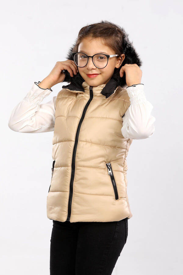 Kids Fur Hooded Puffer Vest (Beige) - 1