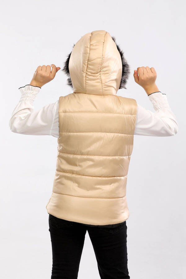 Kids Fur Hooded Puffer Vest (Beige) - 2