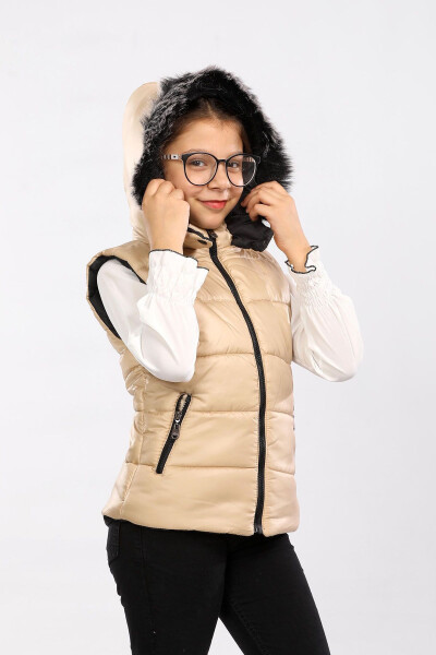 Kids Fur Hooded Puffer Vest (Beige) - 3