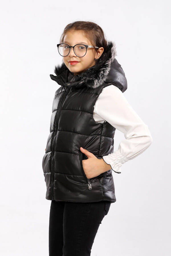 Kids Fur Hooded Puffer Vest Black - 2