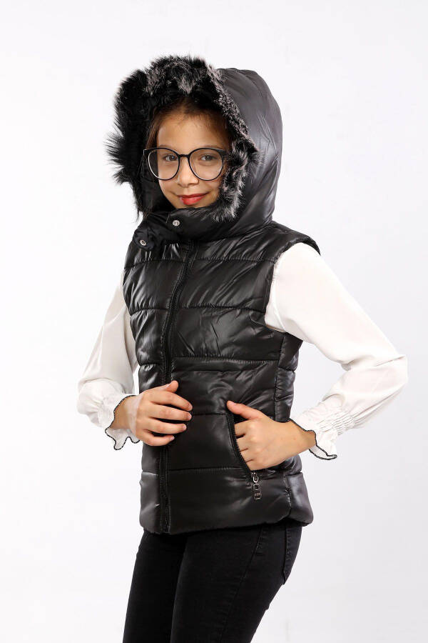 Kids Fur Hooded Puffer Vest Black - 5