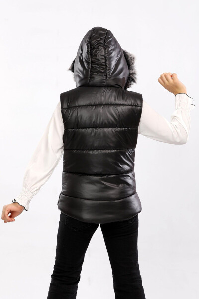 Kids Fur Hooded Puffer Vest Black - 6