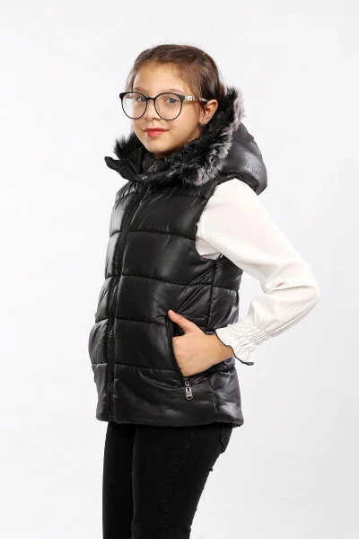 Kids Fur Hooded Puffer Vest Black - Modazone (1)