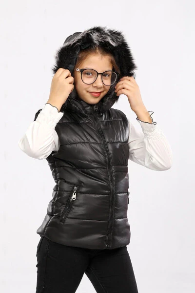 Kids Fur Hooded Puffer Vest Black - 4
