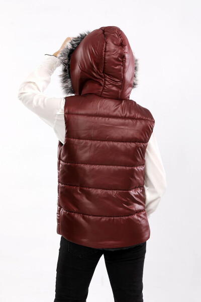 Kids Fur Hooded Puffer Vest (Burgundy) - 1