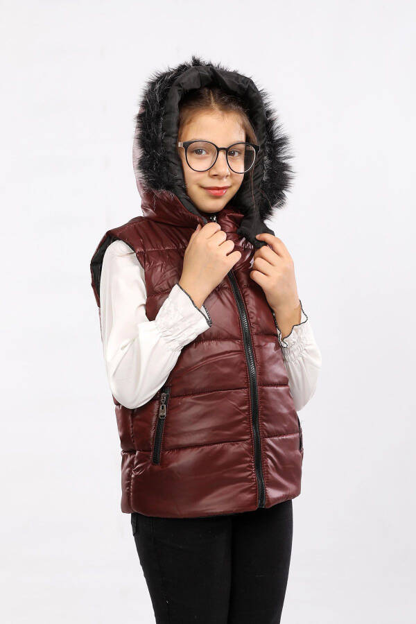 Kids Fur Hooded Puffer Vest (Burgundy) - 2