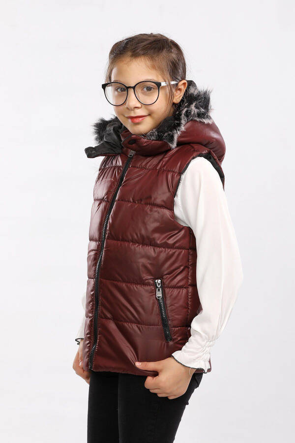 Kids Fur Hooded Puffer Vest (Burgundy) - 3