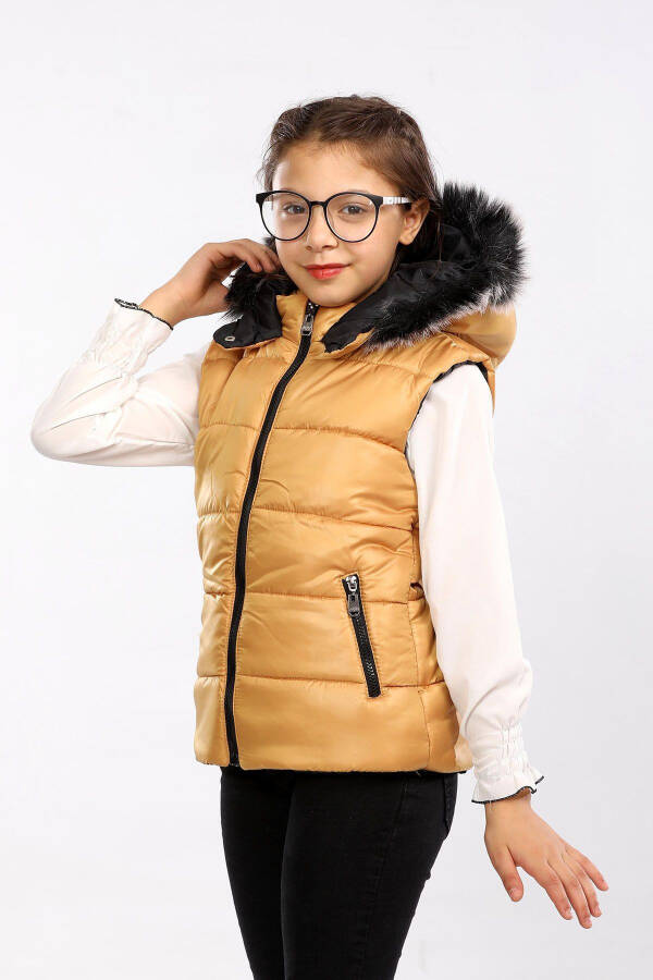 Kids Fur Hooded Puffer Vest (Mustard) - 1