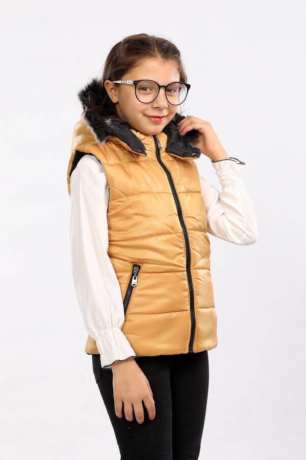 Kids Fur Hooded Puffer Vest (Mustard) - 2