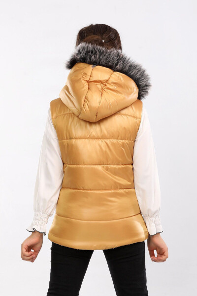 Kids Fur Hooded Puffer Vest (Mustard) - 3