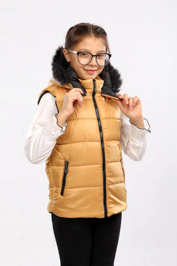 Kids Fur Hooded Puffer Vest (Mustard) - 4